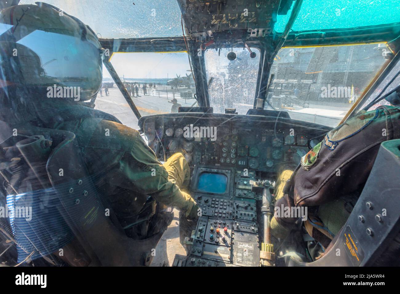 San Diego, United States - JULY 2018: cockpit interior of helicopter Sikorsky SH-3 Sea King. USS Midway Battleship museum. American twin-engined anti Stock Photo