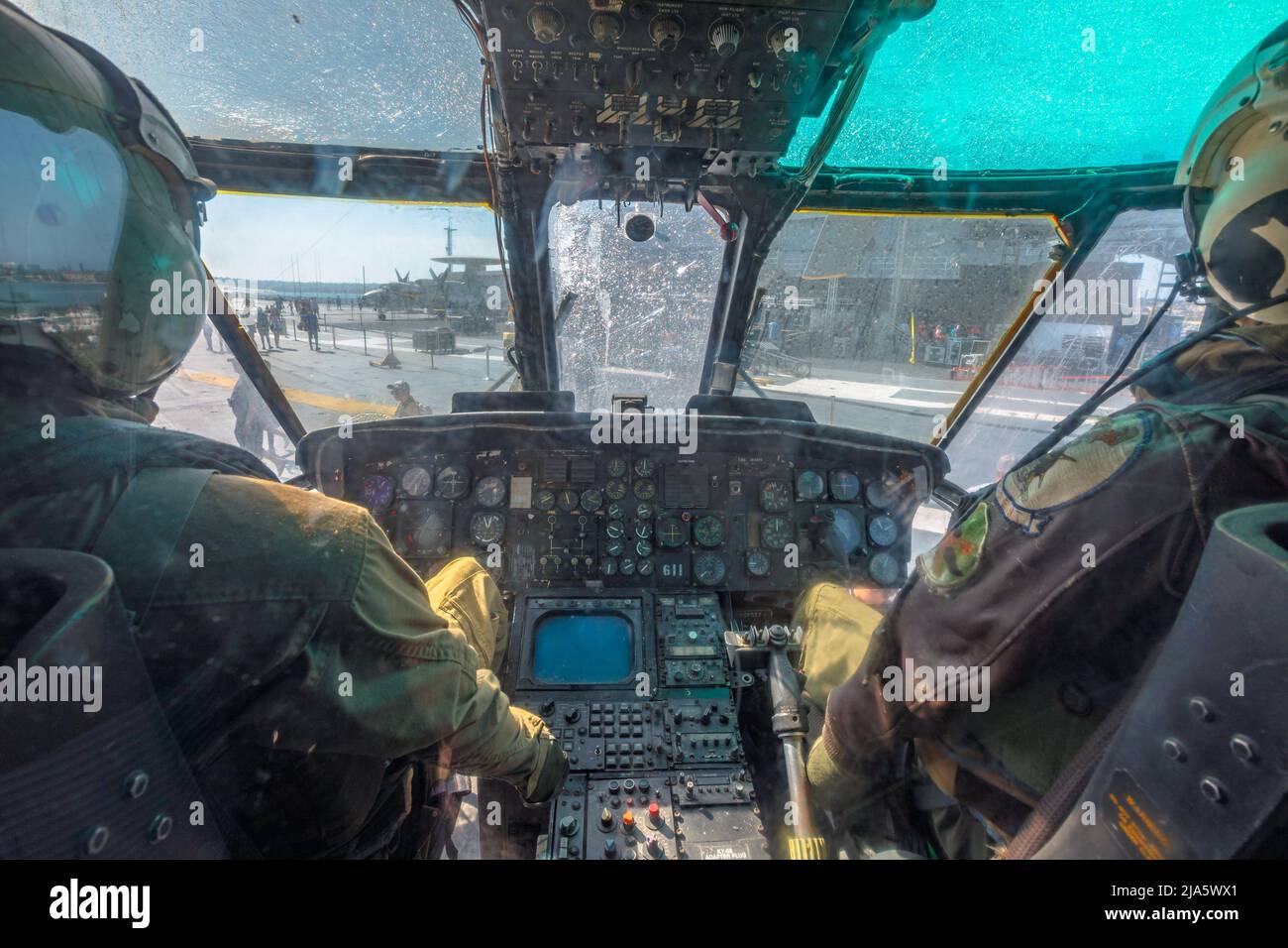San Diego, California, United States - JULY 2018: cockpit of helicopter Sikorsky SH-3 Sea King. USS Midway Battleship museum. American twin-engined Stock Photo