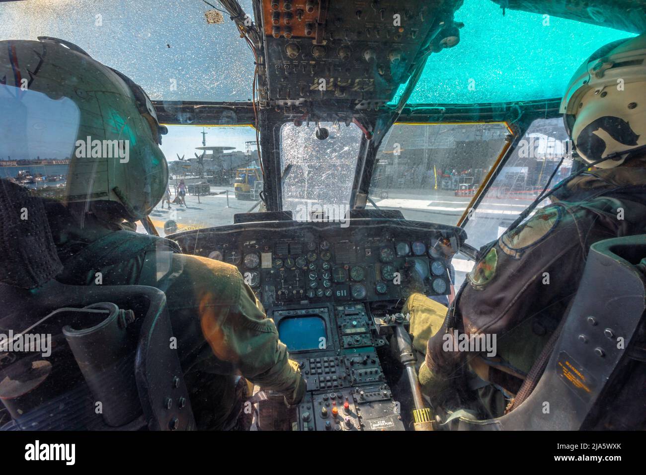 San Diego, United States - JULY 2018: interior cockpit of helicopter Sikorsky SH-3 Sea King. USS Midway Battleship museum. American twin-engined anti Stock Photo