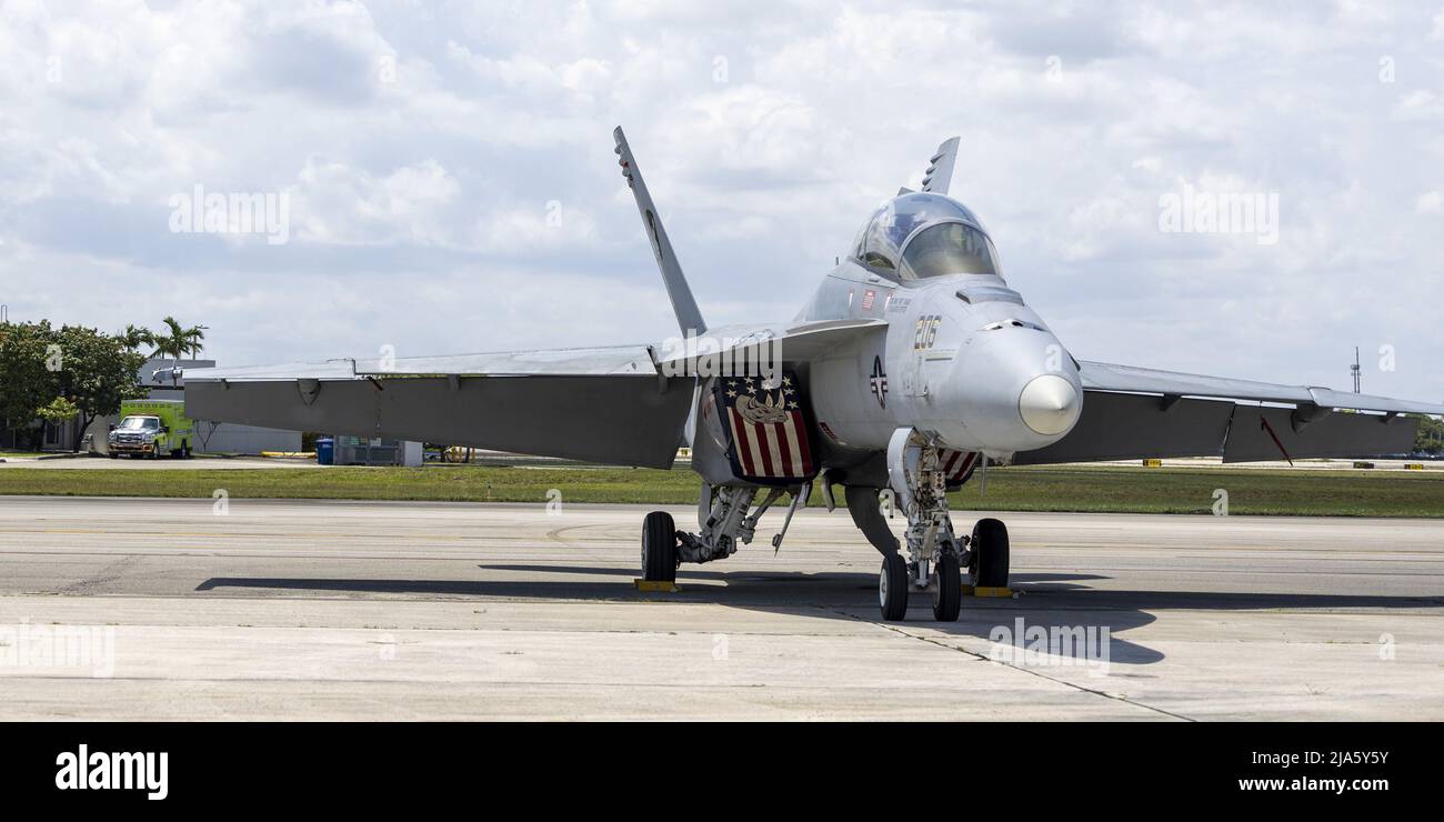 Miami, United States. 27th May, 2022. Jets sit on the tarmac at the Hyundai Air & Sea Show media day at the US Coast Guard Air Station, Miami, Florida, on Friday, May 27, 2022. The Miami Memorial Day air and sea show will feature the US Army HH-60 Black Hawk, USAF A-10 Thunderbolt II, USAF B-52 Bomber, USAF C-130 Hercules, USAF C-17 Global Master III, USAF C-5 Galaxy, USAF CH-53 Sea Stallion, F-15 Eagle, USAF F-16 Fighting Falcon, USAF KC-135 Stratotanker, USN F-18 Rhino. Photo By Gary I Rothstein/UPI Credit: UPI/Alamy Live News Stock Photo