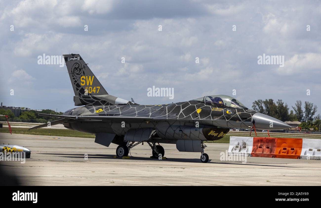 Miami, United States. 27th May, 2022. Jets sit on the tarmac at the Hyundai Air & Sea Show media day at the US Coast Guard Air Station, Miami, Florida, on Friday, May 27, 2022. The Miami Memorial Day air and sea show will feature the US Army HH-60 Black Hawk, USAF A-10 Thunderbolt II, USAF B-52 Bomber, USAF C-130 Hercules, USAF C-17 Global Master III, USAF C-5 Galaxy, USAF CH-53 Sea Stallion, F-15 Eagle, USAF F-16 Fighting Falcon, USAF KC-135 Stratotanker, USN F-18 Rhino. Photo By Gary I Rothstein/UPI Credit: UPI/Alamy Live News Stock Photo