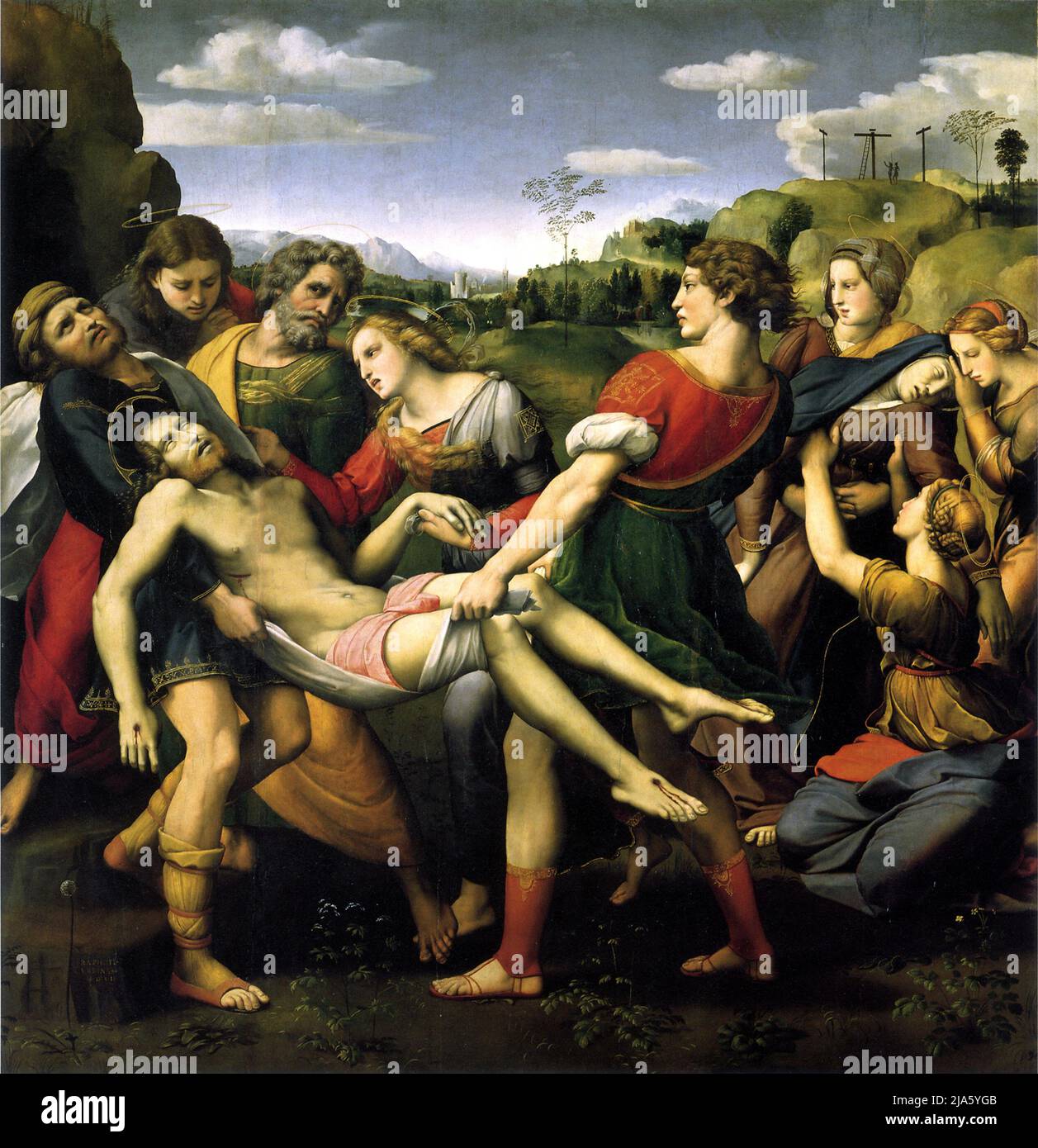 The Deposition by Raphael, showing a distressed, reddish-blond-haired Mary Magdalene dressed in fine clothes clutching the hand of Jesus's body as he is carried to the tomb. Stock Photo