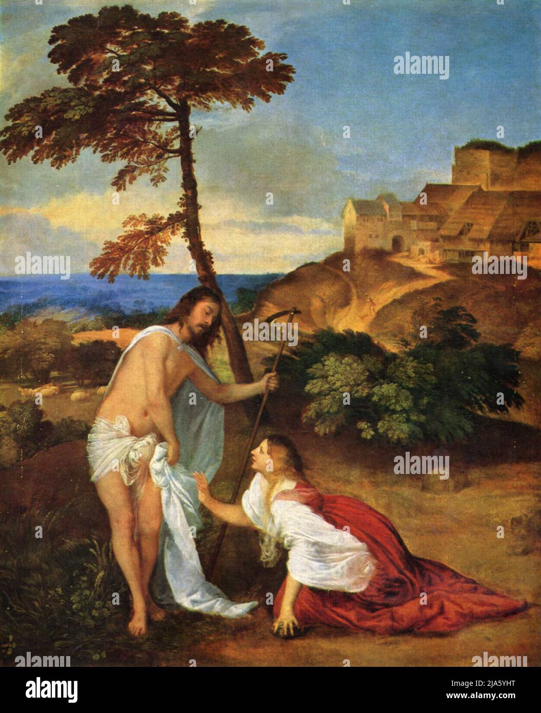 Noli me tangere (Don't touch me) by Titian. The scene shows Jesus apprearing to Mary Magdalene, but he asks her not to touch him as his ascension is not yet complete.  In John 20:1–13, Mary Magdalene sees the risen Jesus alone and he tells her 'Don't touch me, for I have not yet ascended to my father.' Stock Photo