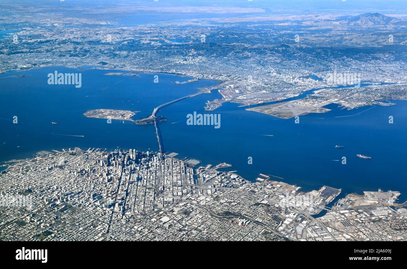Aerial View of San Francisco looking east over the bay towards Oakland, Berkeley and Alameda Island Stock Photo