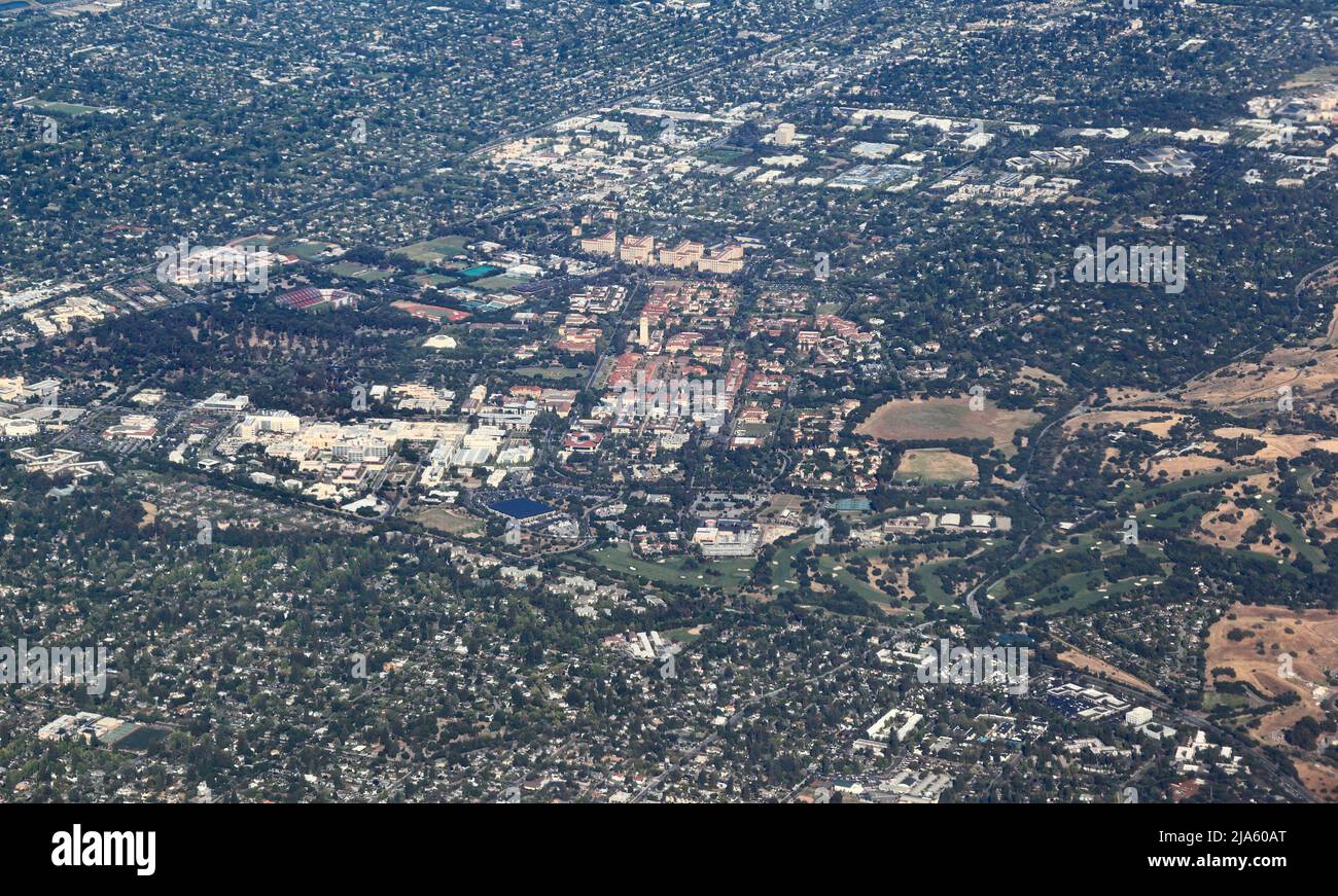 Editorial Image- Stanford, California 18/05/2022: Aerial view of the Stanford University campus and buildings. Stock Photo