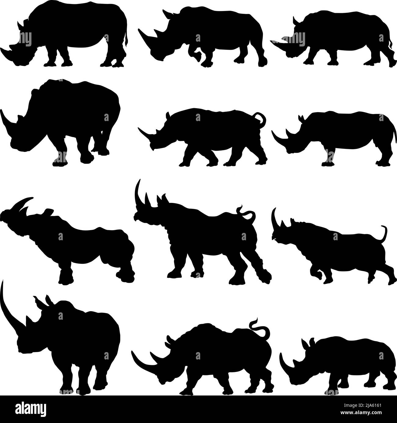 Set Of rhinoceros silhouette in different poses cartoon animal design flat vector illustration isolated on white background Stock Vector