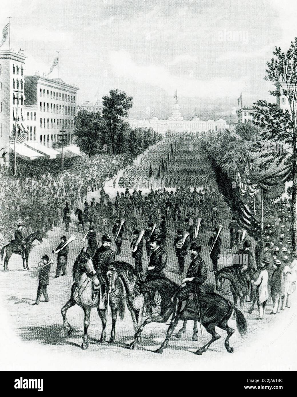 The 1903 caption reads: 'Grand Review at Washington May 24 and 25, 1965.' On May 23 and 24, 1865, before the soldiers were mustered out of the Union Army, a Grand Review of the Armies was held in Washington, D.C., to honor the victorious troops. President Andrew Johnson also hoped to elevate the mood of a city that was devastated by the loss of President Abraham Lincoln Stock Photo