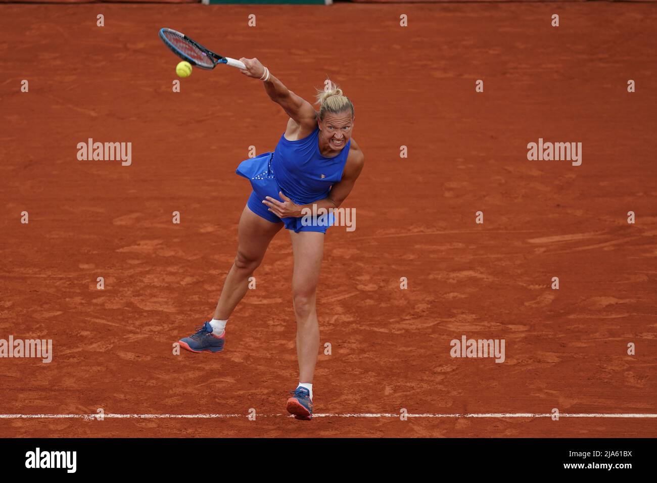 PARIS, France. 28th May, 2022. KAIA KANEPI of Estonia return the ball