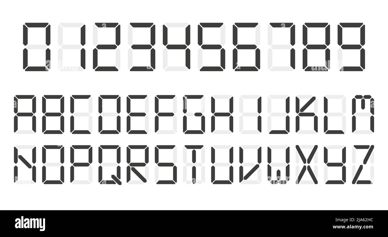 Digital clock number set. Led digit alphabet. Flat vector illustration
