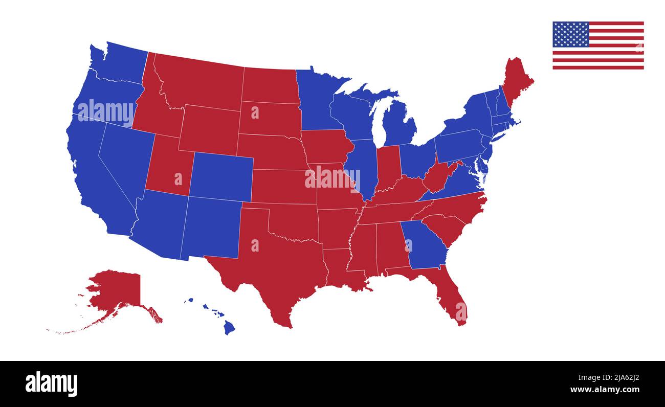 Map of blue and red states. Each state separately. American flag. Flat