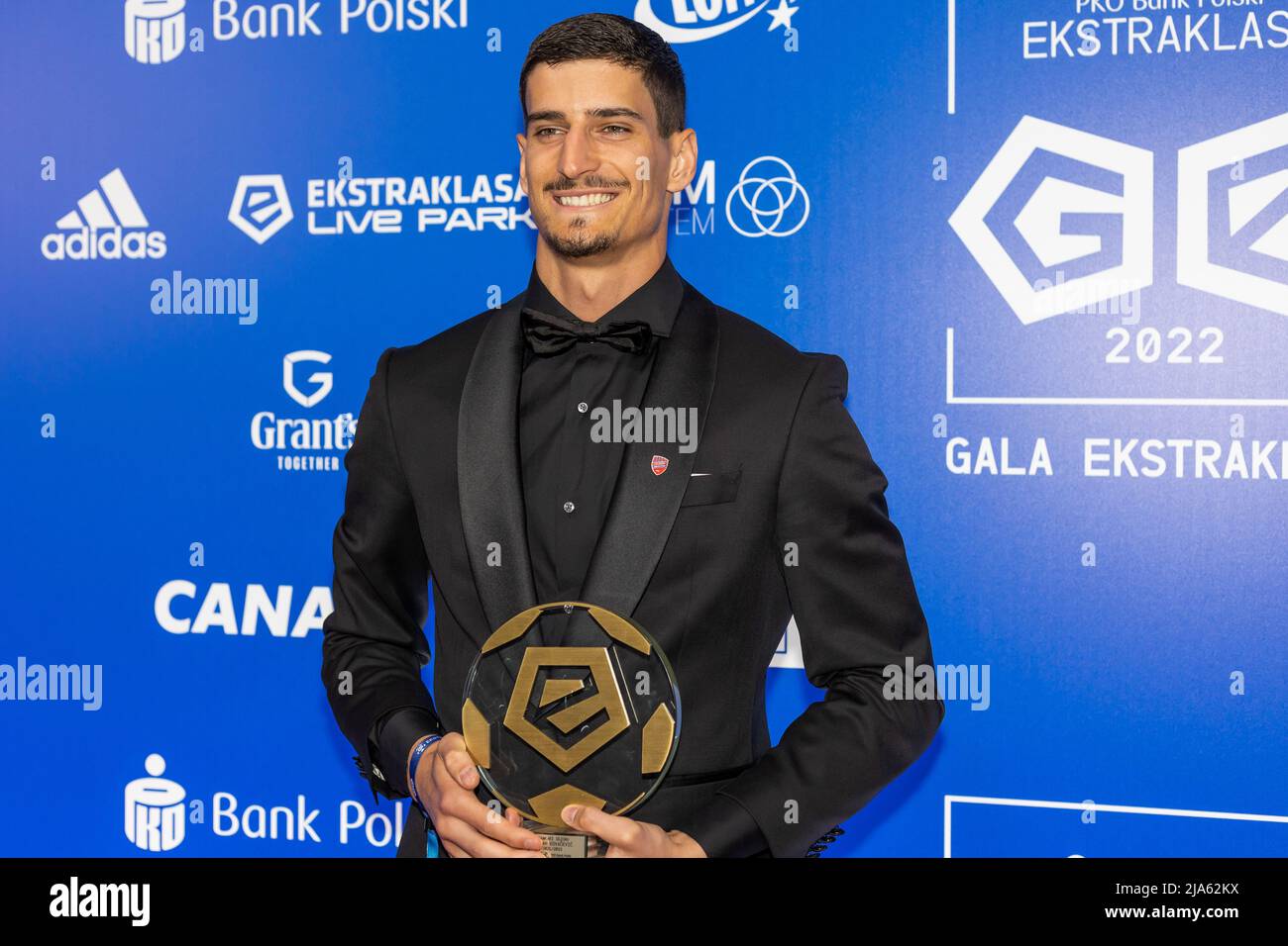 Warsaw, Poland. 23rd May, 2022. Vladan Kovacevic of Rakow Czestochowa with award for the best goalkeeper of the season 2021/22 seen during Gala of Ekstraklasa 2022 in Warsaw. Credit: SOPA Images Limited/Alamy Live News Stock Photo