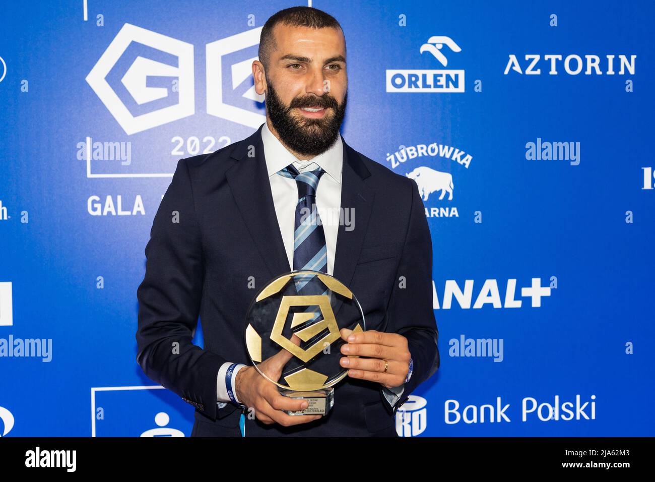 Warsaw, Poland. 23rd May, 2022. Mikael Ishak of Lech Poznan with award for the best forward of the season 2021/22 seen during Gala of Ekstraklasa 2022 in Warsaw. Credit: SOPA Images Limited/Alamy Live News Stock Photo