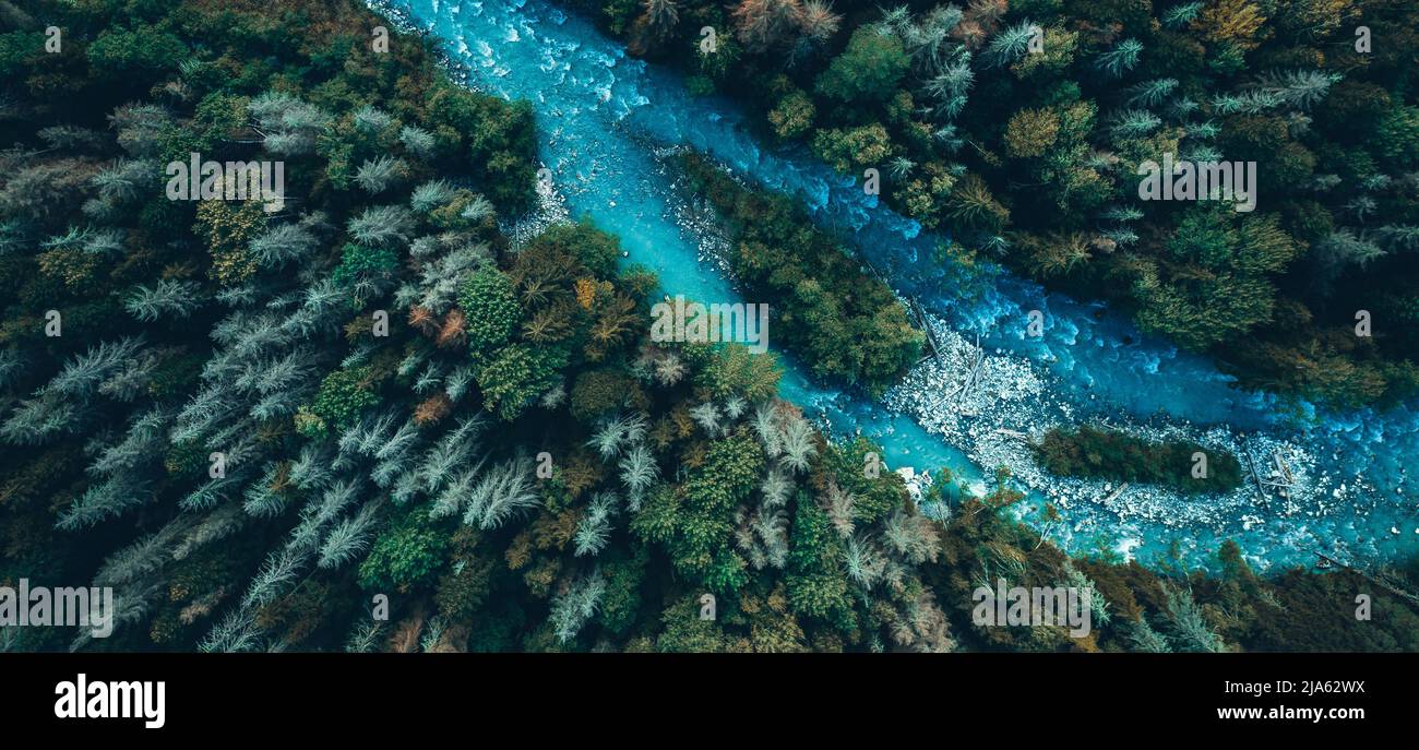 Drone aerial top view of mountain river and forest Stock Photo - Alamy