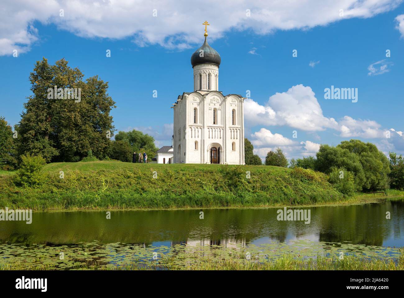 View of the medieval Church of the Intercession on the Nerl on a sunny August day. Bogolyubovo, Golden Ring of Russia Stock Photo