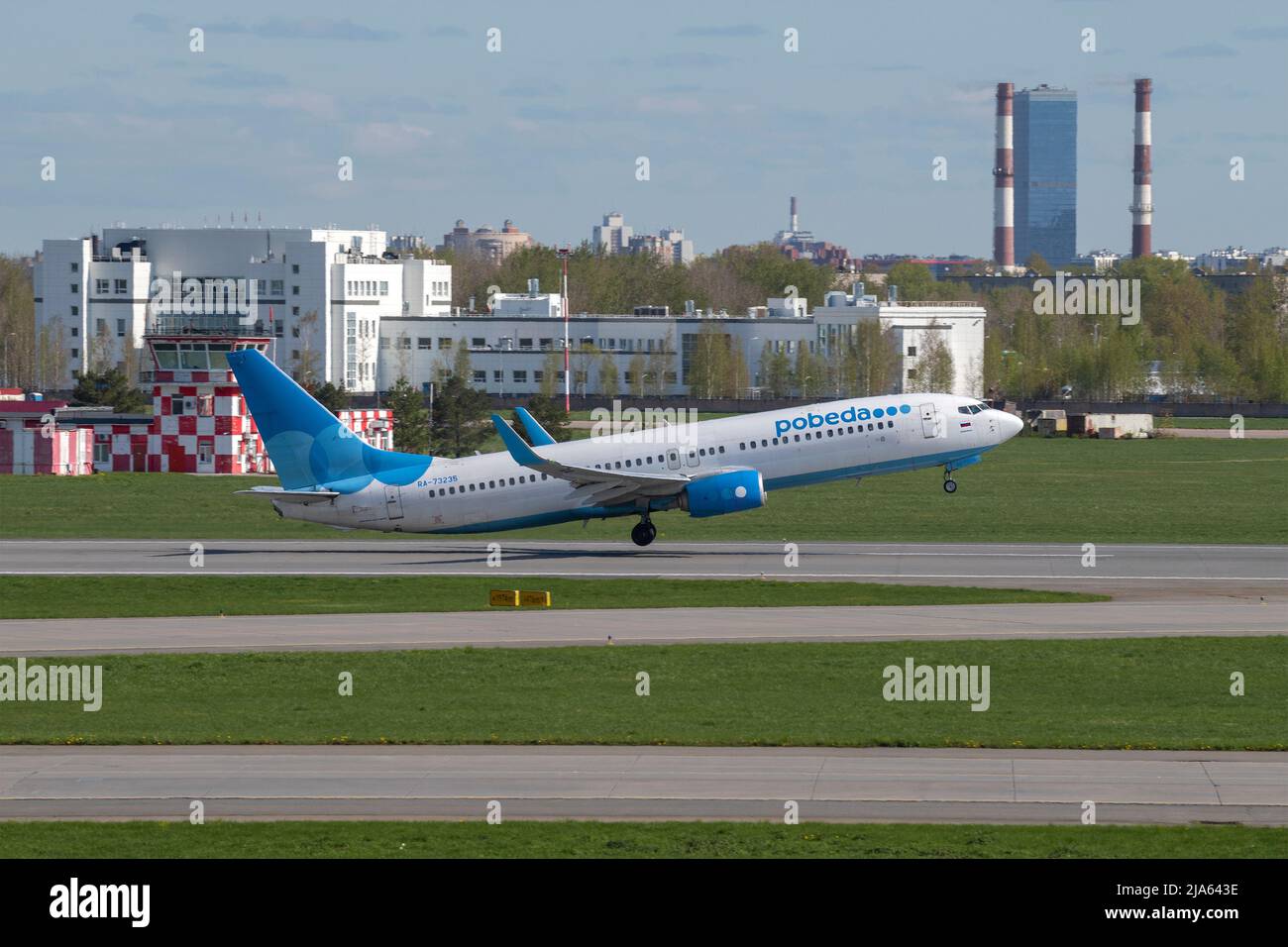 SAINT PETERSBURG, RUSSIA - MAY 20, 2022: Aircraft Boeing 737-800 (RA-73235) of Pobeda Airlines on takeoff on a May morning Stock Photo