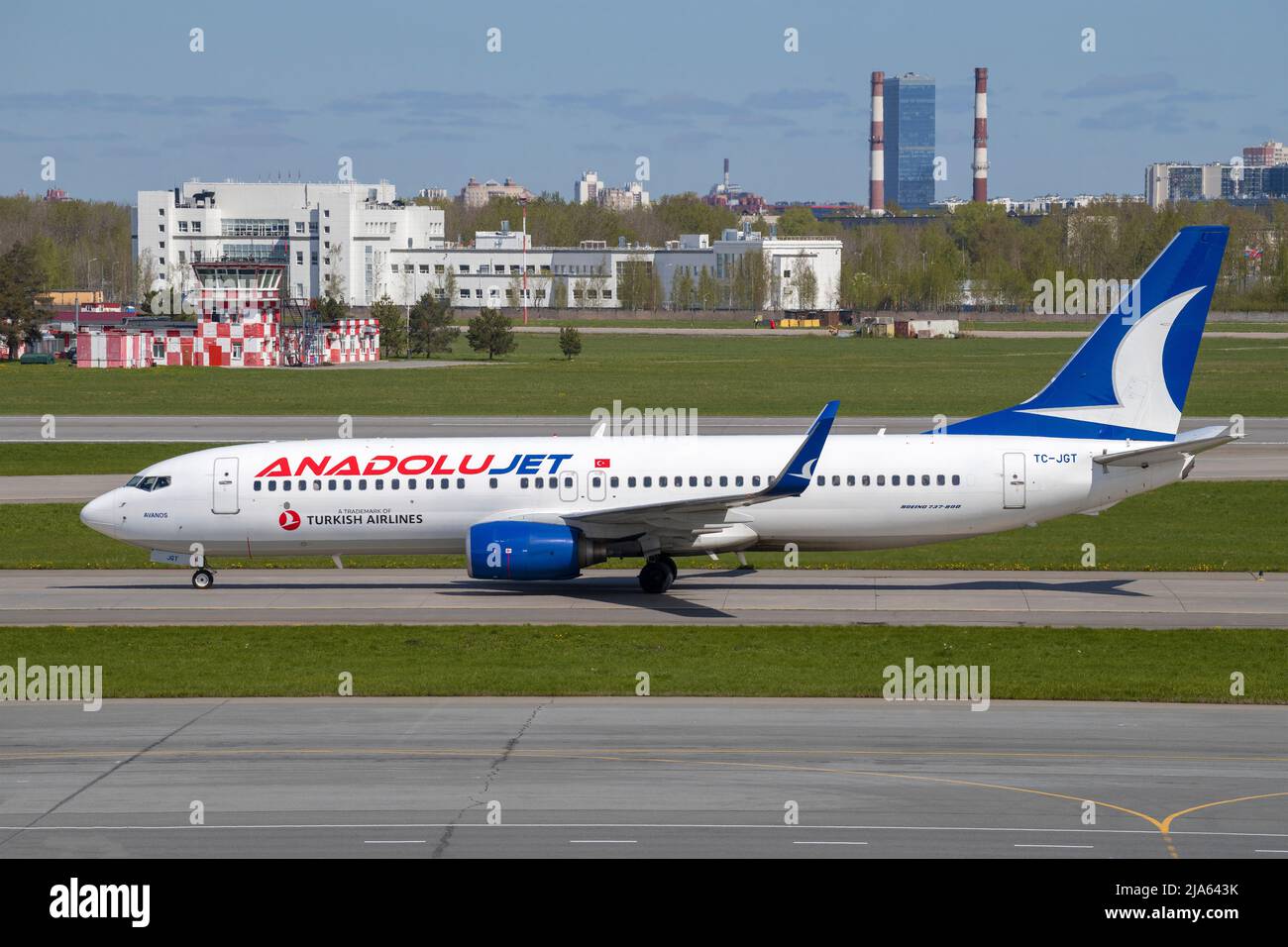 SAINT PETERSBURG, RUSSIA - MAY 20, 2022: The Boeing 737-800 (TC-JGT) of Anadolu Jet Airline arrived on Pulkovo Airport Stock Photo