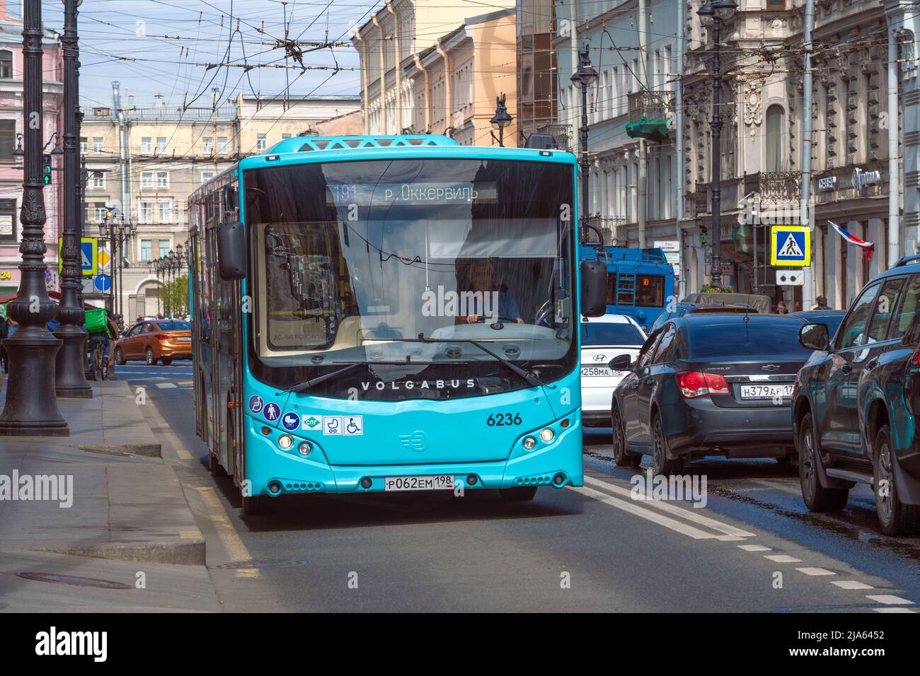 SAINT PETERSBURG, RUSSIA - MAY 23, 2022: City bus of the 'CityRhytm' family (VolgaBus 5270) on the route on a sunny May day Stock Photo