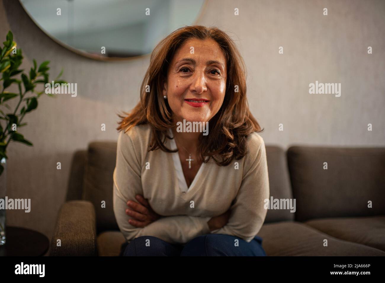 Portrait shot of presidential candidate for the political party 'Partido Verde Oxigeno' French-Colombian Ingrid Betancourt during an interview in Bogota, Colombia, April 13, 2022. betancourt decided to quit campaign and join candidate Rodolfo Hernandez. Photo by: Sebastian Barros/Long Visual Press Stock Photo