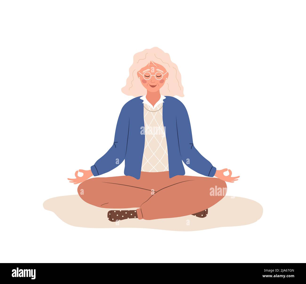 Breath awareness yoga exercise. Elderly woman practicing belly breathing for relaxation. Meditation for body, mind and emotions. Spiritual practice Stock Vector