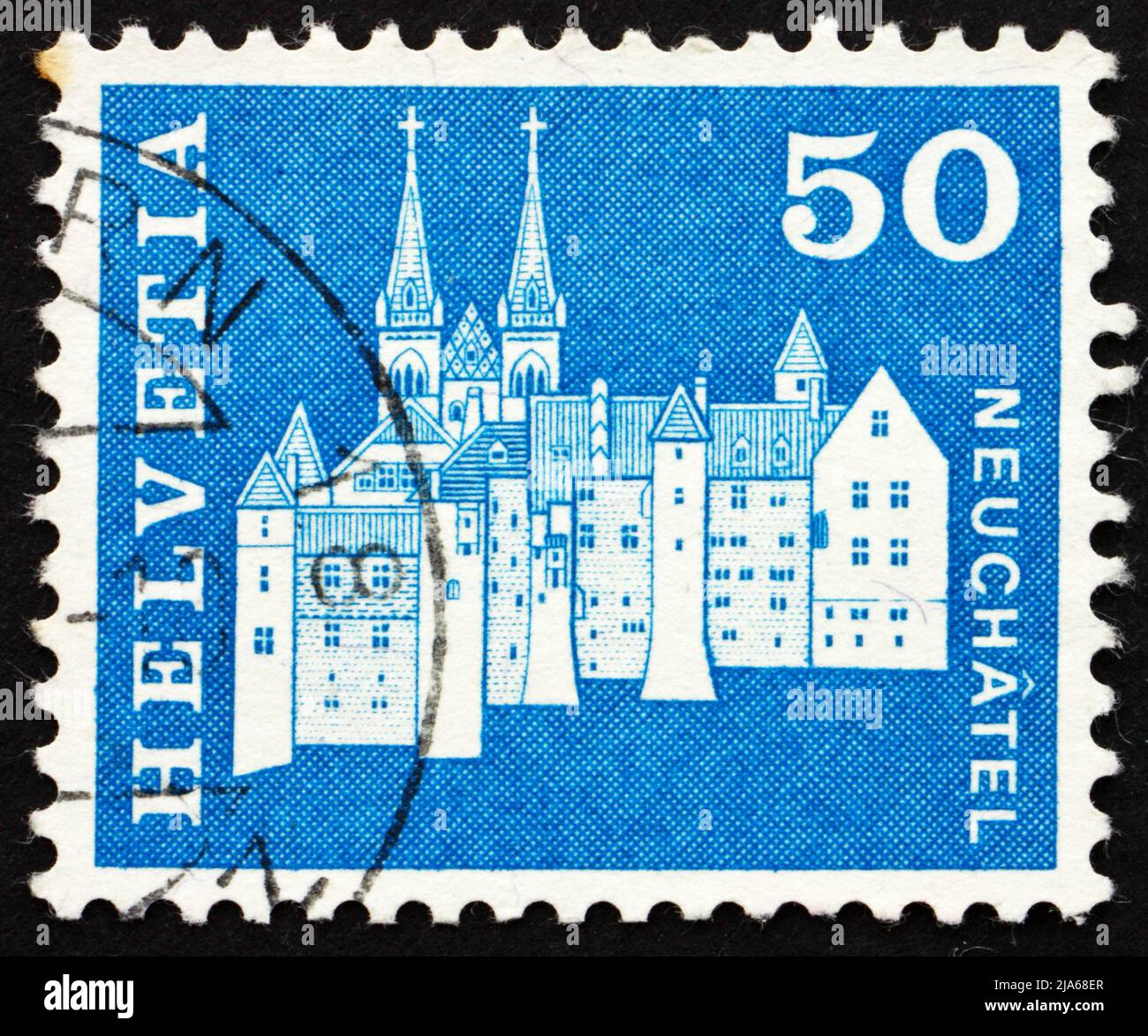 SWITZERLAND - CIRCA 1968: a stamp printed in the Switzerland shows Castle and Abbey Church, Neuchatel, Switzerland, circa 1968 Stock Photo