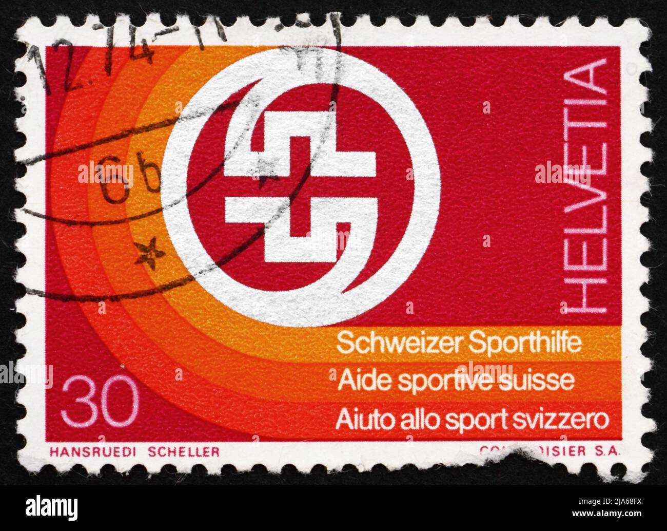 SWITZERLAND - CIRCA 1974: a stamp printed in the Switzerland shows Swiss Sports Foundation Emblem, circa 1974 Stock Photo