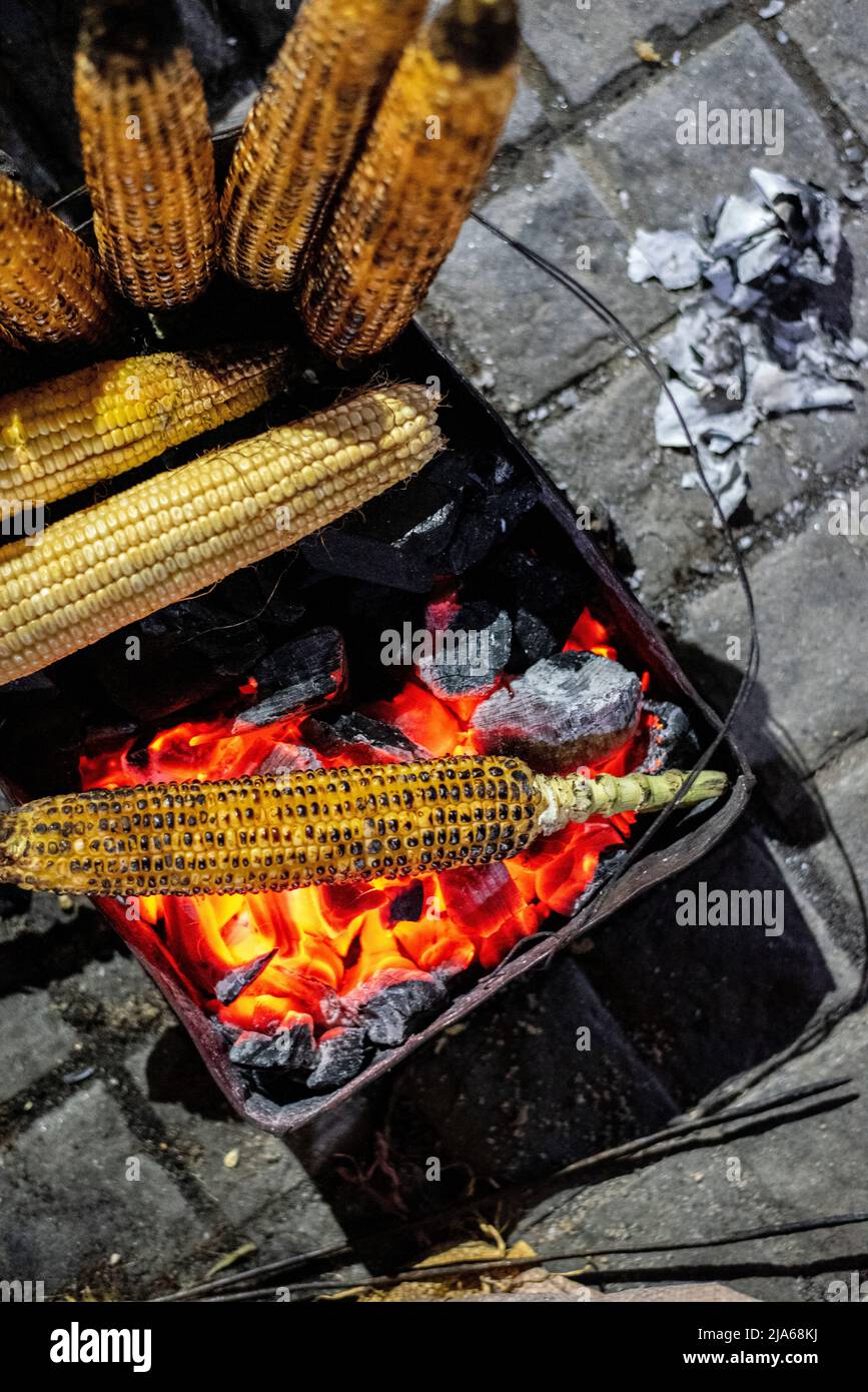 Traditional roasted corn cob in country made oven. Grilled corn