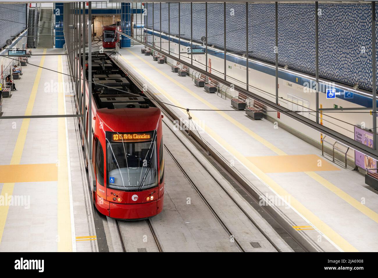 Tram of Line 10 light railway at Alacant station, Valencia, Spain Stock Photo