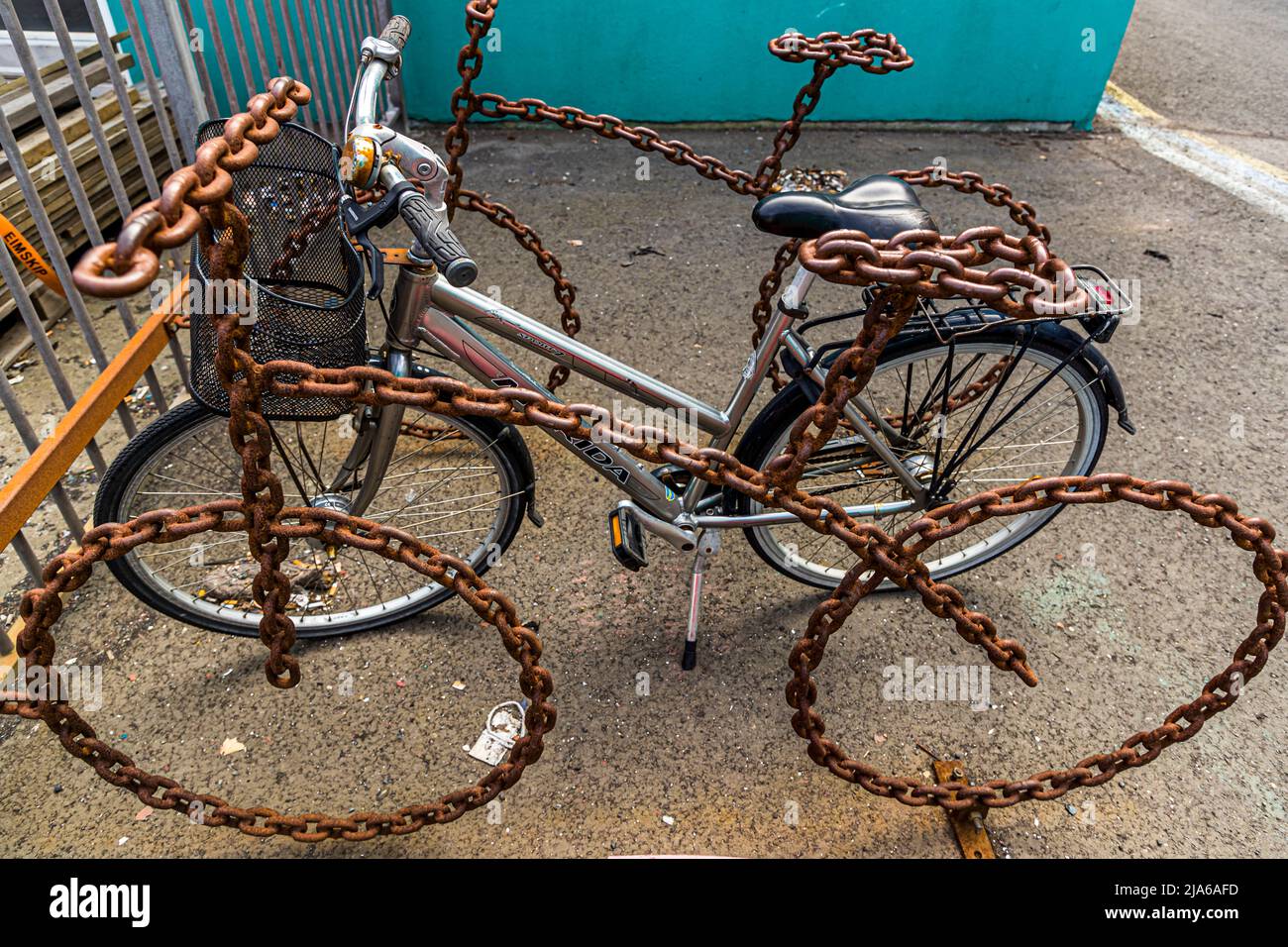 Bicycle stand constructed from chain links in Reykjavik, Iceland Stock Photo