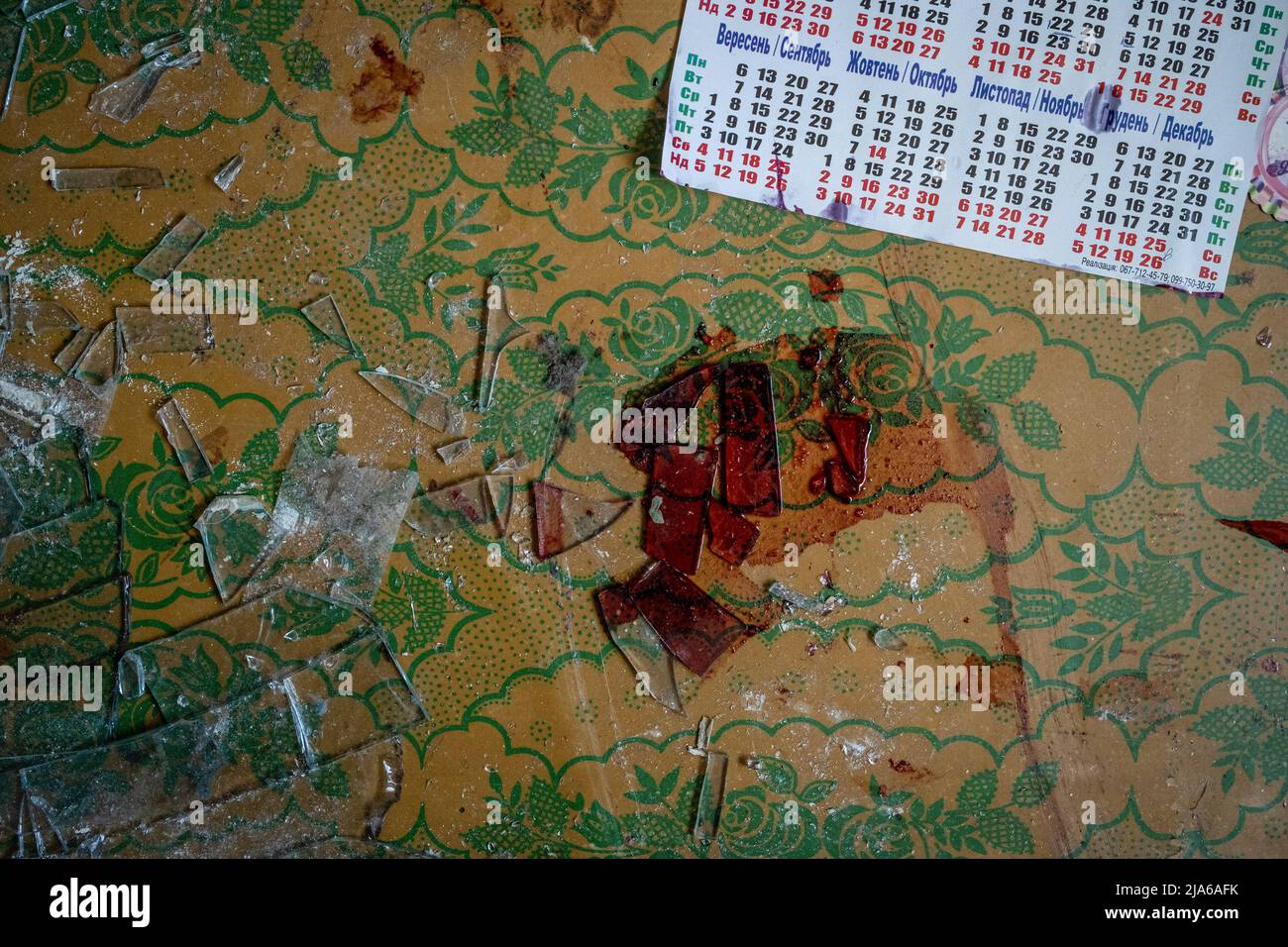 Bakhmut, Dontesk Oblast, Ukraine. 24th May, 2022. Blood can be seen on a kitchen floor from the destroyed residential building in Bakhmut, Donbas. As Bakhmut stands as a key city to Ukrainian forces in defending Donetsk(Donbas) region, the city is under attack by the Russian troops. The Russian invasion of Ukraine started on February 24, the war that has killed numerous civilians and soldiers. (Credit Image: © Alex Chan Tsz Yuk/SOPA Images via ZUMA Press Wire) Stock Photo