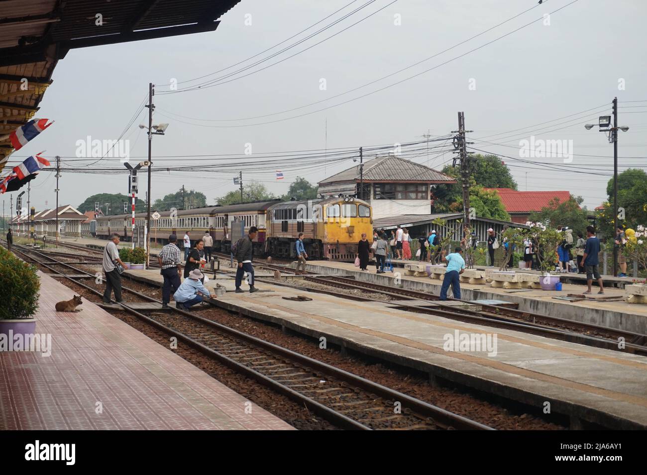 Arrival of the Passenger Train in Train station, Thailand Stock Photo