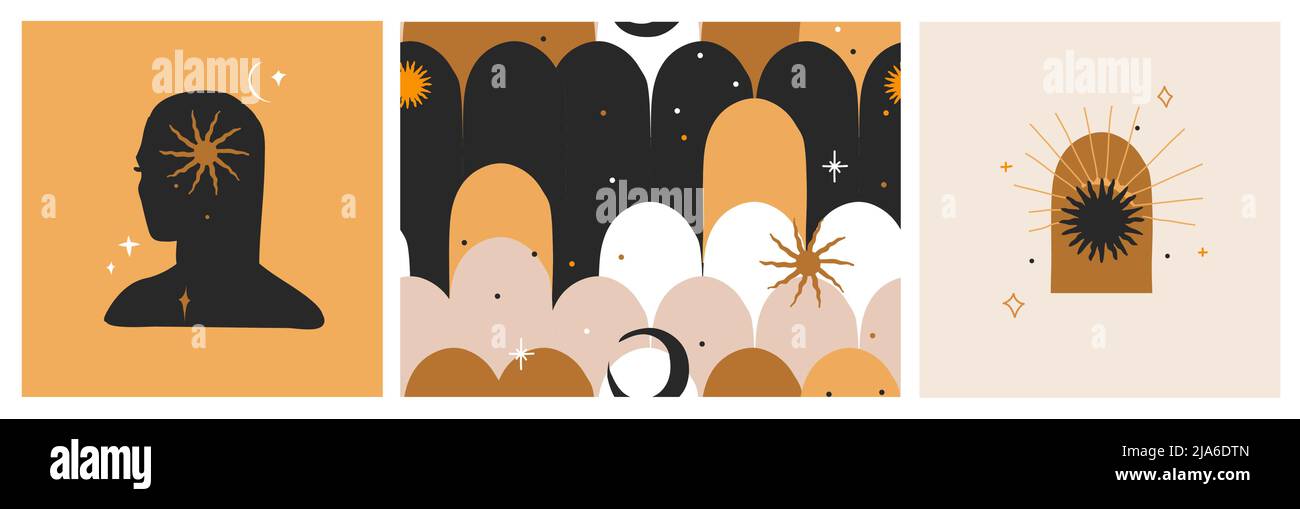 Hand drawn vector abstract flat stock graphic illustration seamless pattern collection set with magic astrology celestial golden moon phases,woman and Stock Vector