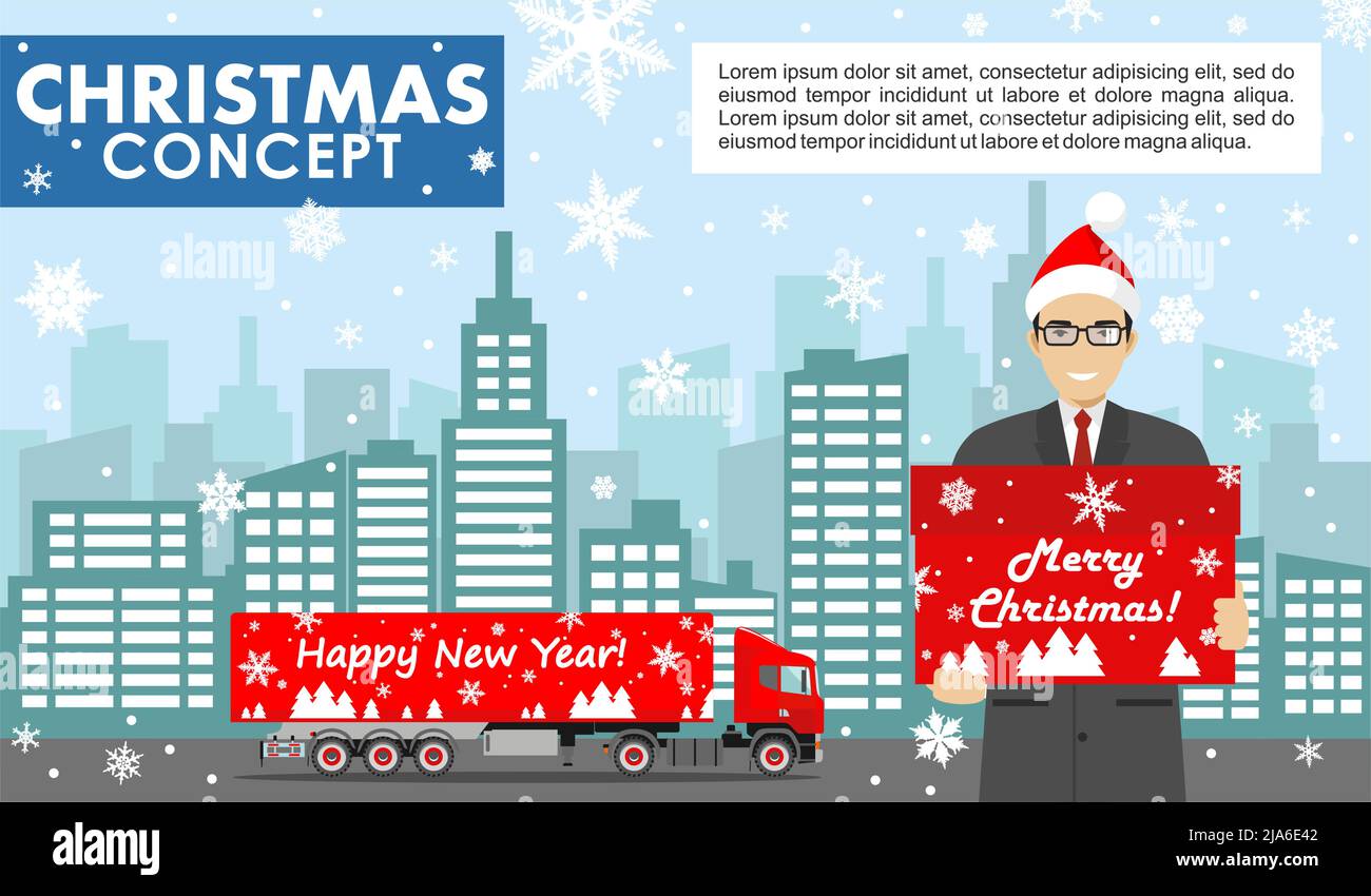 Detailed illustration of young businessman in the Santa Claus hat hold the box in hands on background with red delivery truck and cityscape in flat st Stock Vector