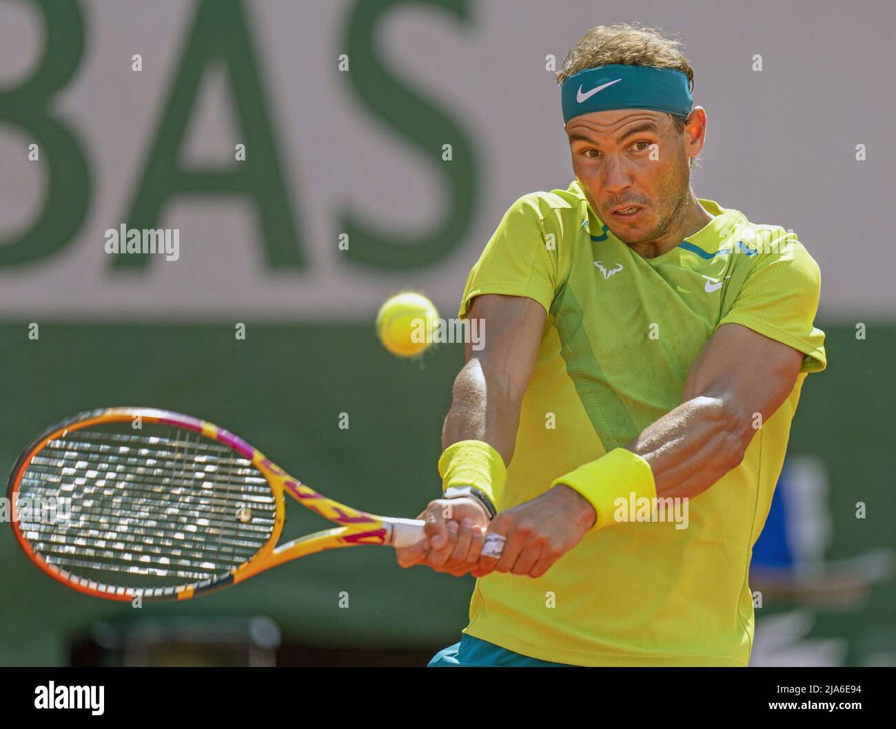Paris, France. 27th May 2022. Spain's Rafael Nadal plays a shot against  Botic van de Zandschulp of the Netherlands in the third round of the French Open  tennis tournament in Paris on