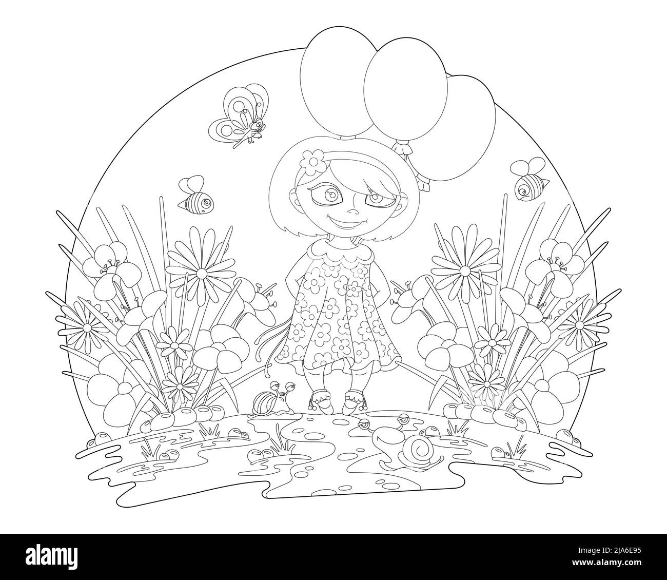 Girl in the summer garden coloring page. Antistress for kids and adult Stock Vector