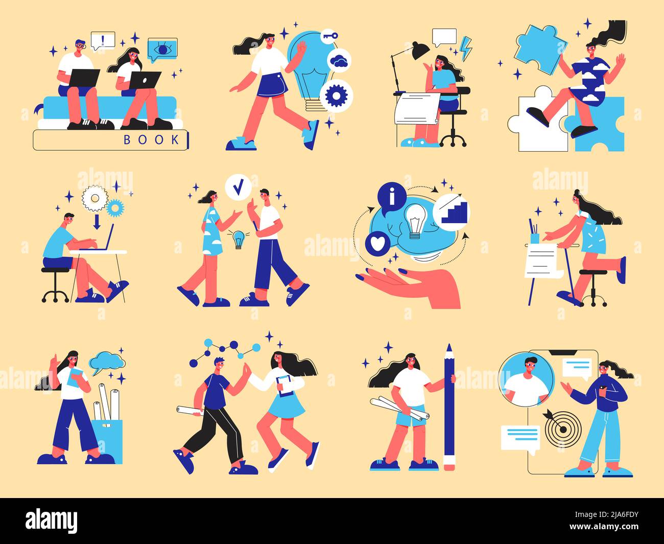 Team work flat icons set with people cooperating at office isolated ...