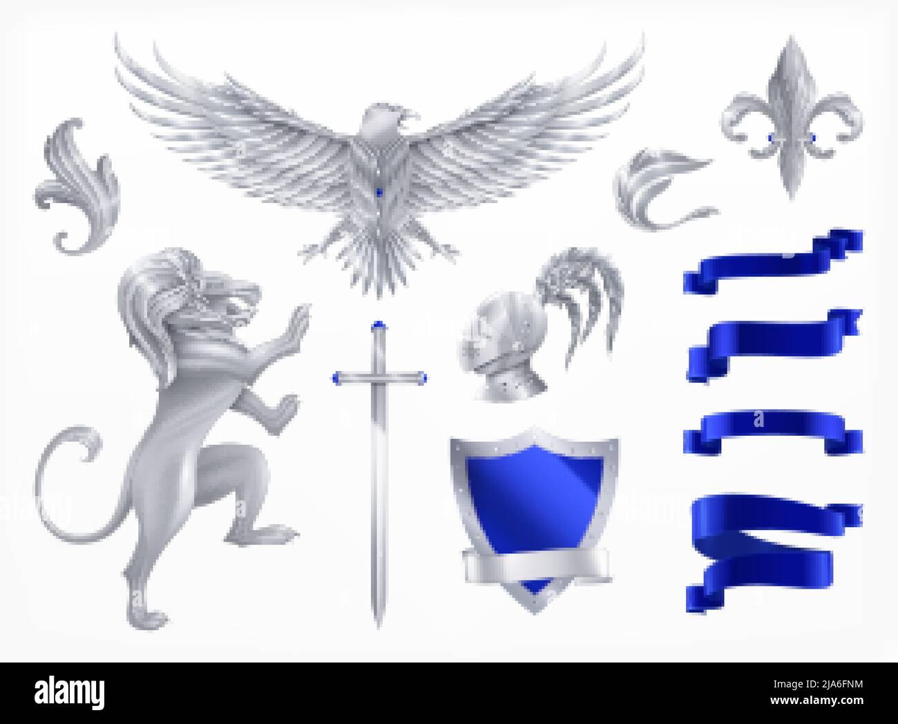 Heraldic animals decorative silver set realistic isolated vector illustration Stock Vector