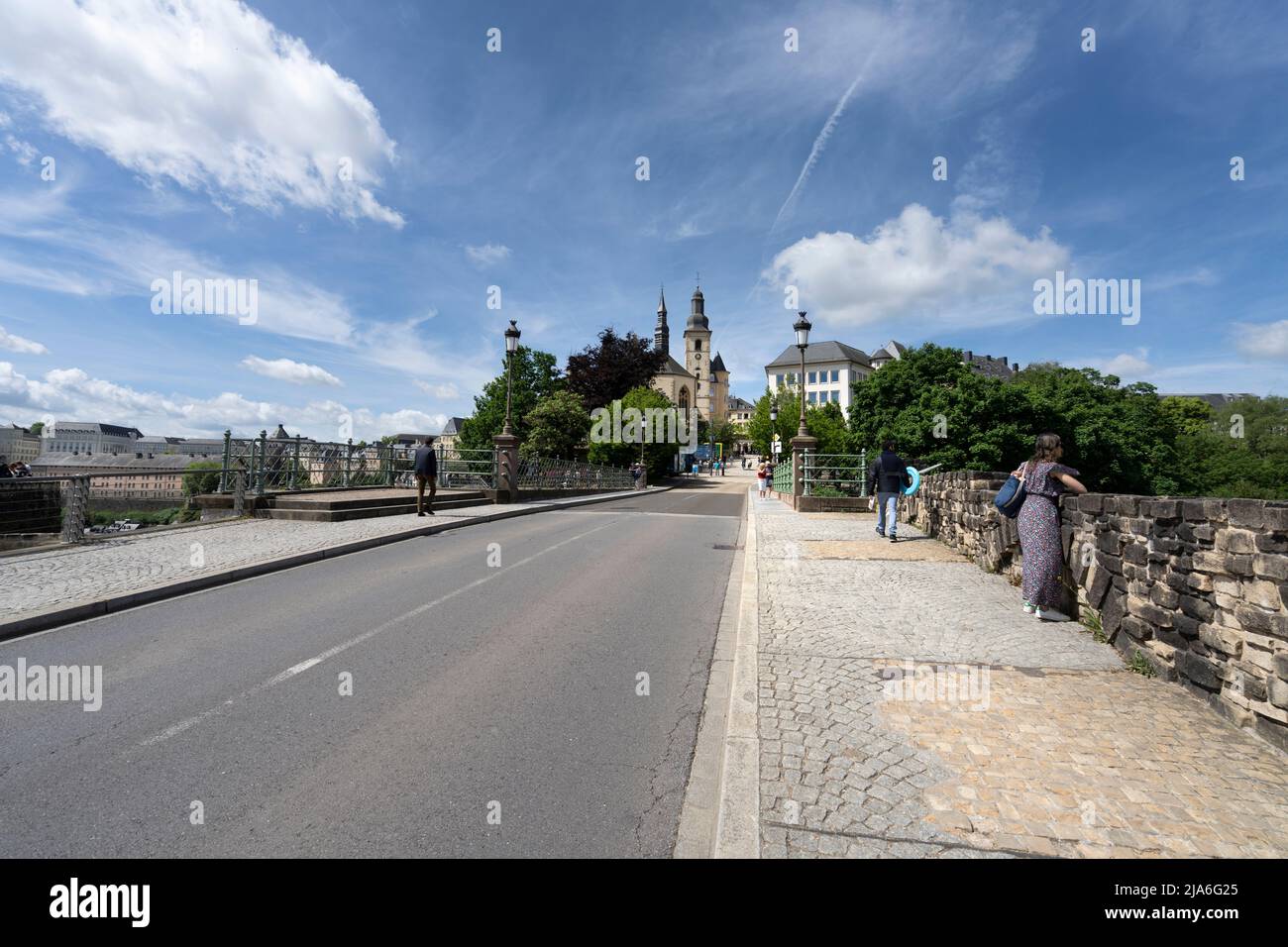 Luxembourg city, May 2022.  panoramic view of the city from the Montée de Clausen street Stock Photo