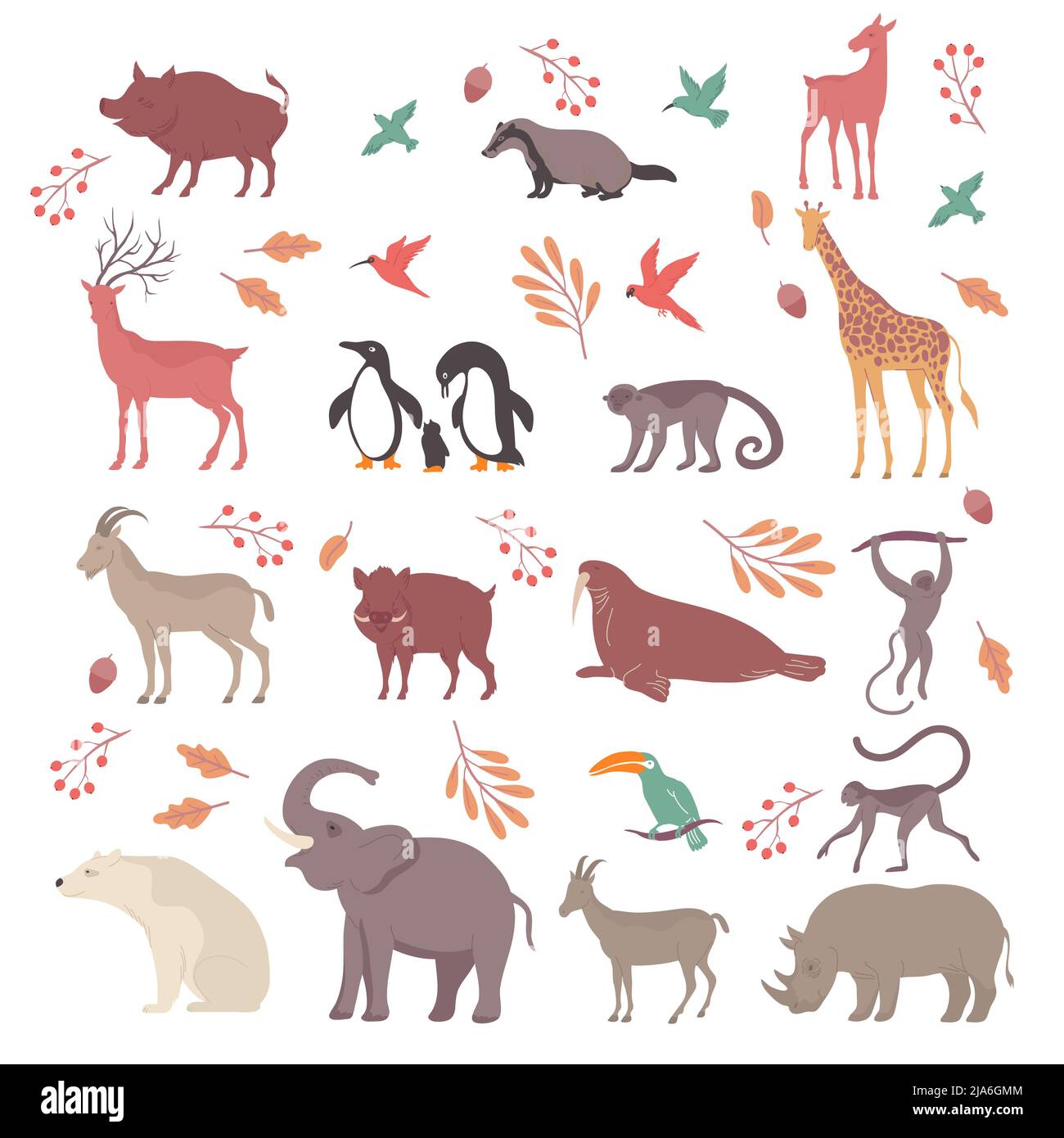 Wildlife set with isolated icons of leaves and acorns with exotic animals and birds flat characters vector illustration Stock Vector