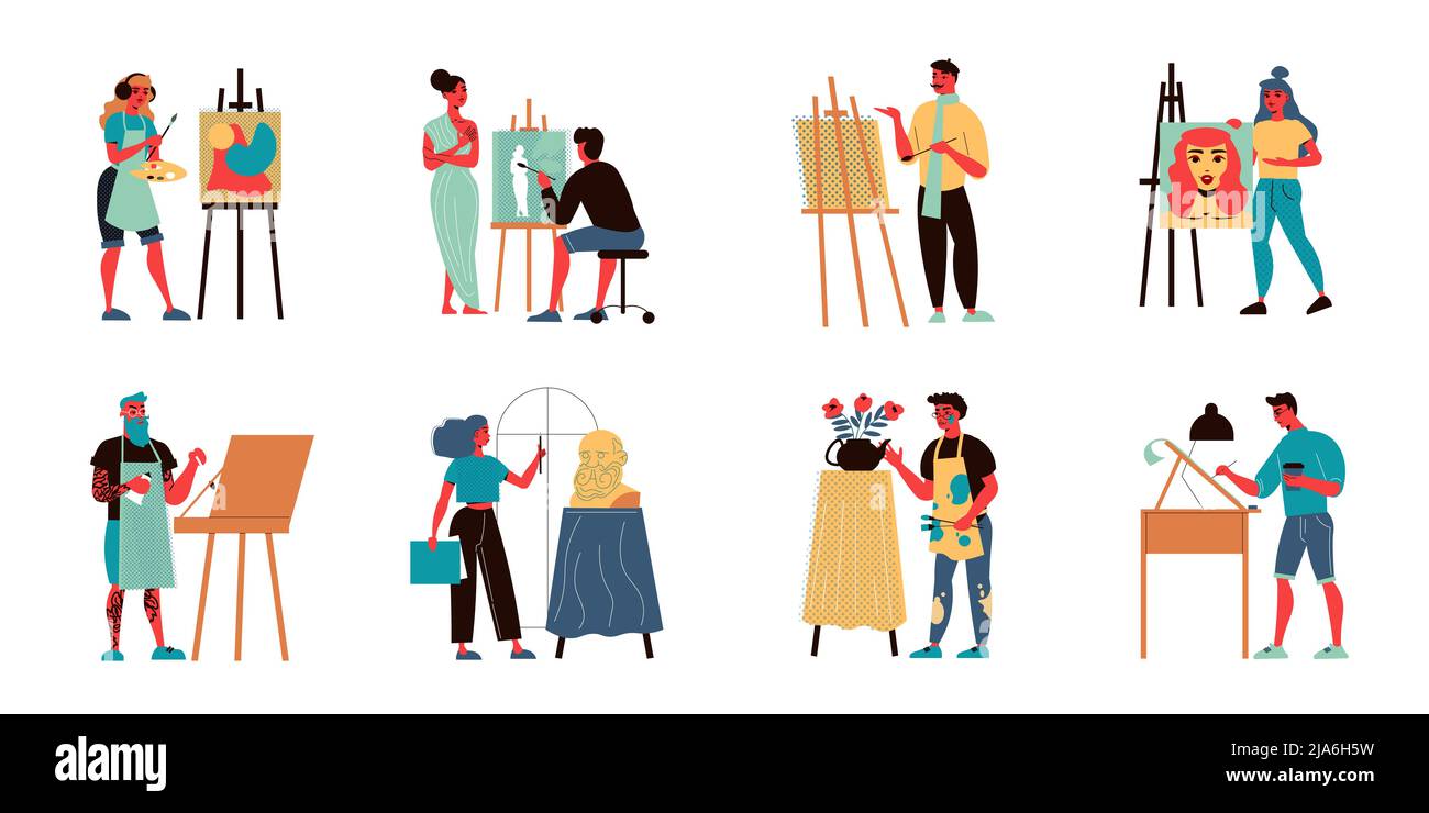 Set of isolated artist icons with doodle characters of painters and ...