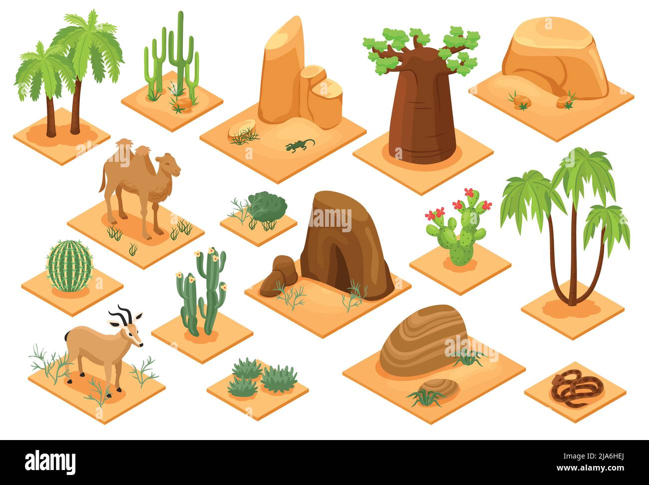 Desert elements isometric set with baobab palms cactuses succulents flora snake camel sandstones sand isolated vector illustration Stock Vector