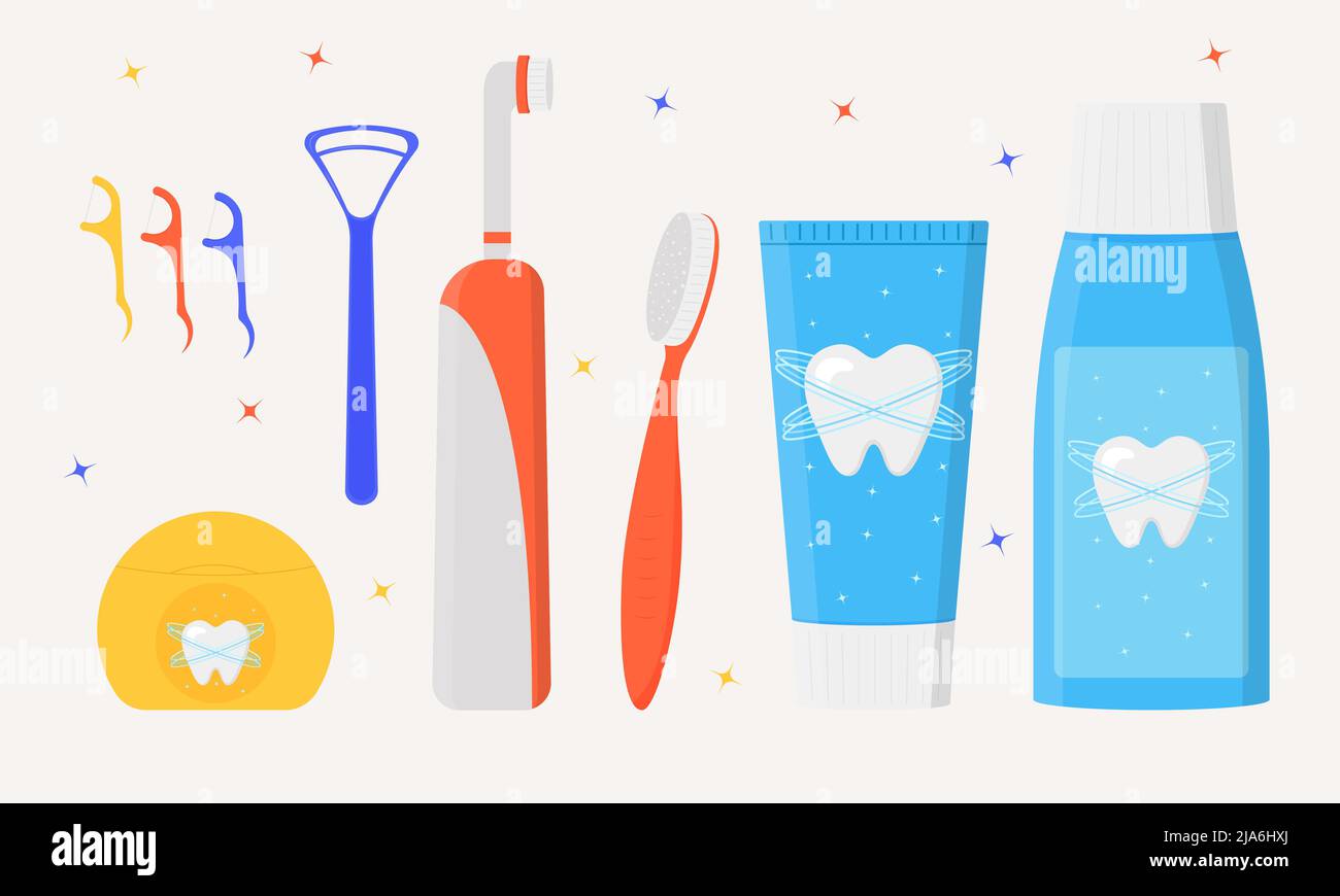 Set of mouth cleaning tools. Various toothbrushes, toothpaste, tongue