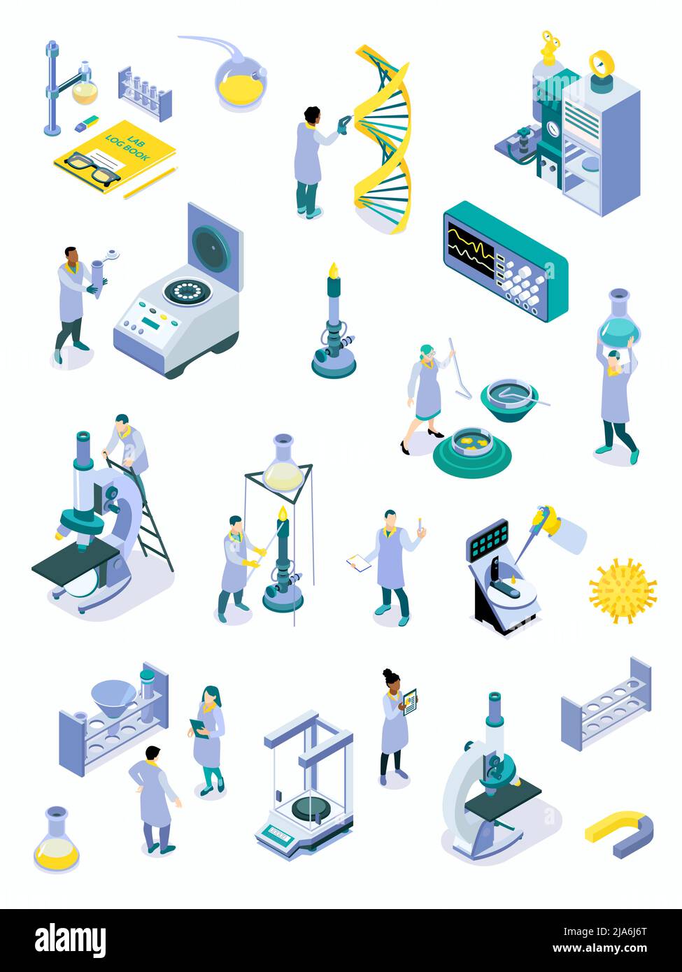 Isometric science laboratory color icon set with instruments from the