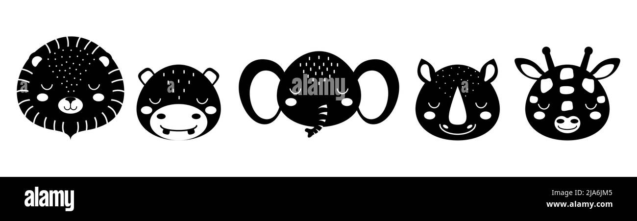 Black and white animal heads set of lion, elephant, hippo, rhino, giraffe. Animal faces in scandinavian style. Desing for kids t-shirts, wear, nursery Stock Vector