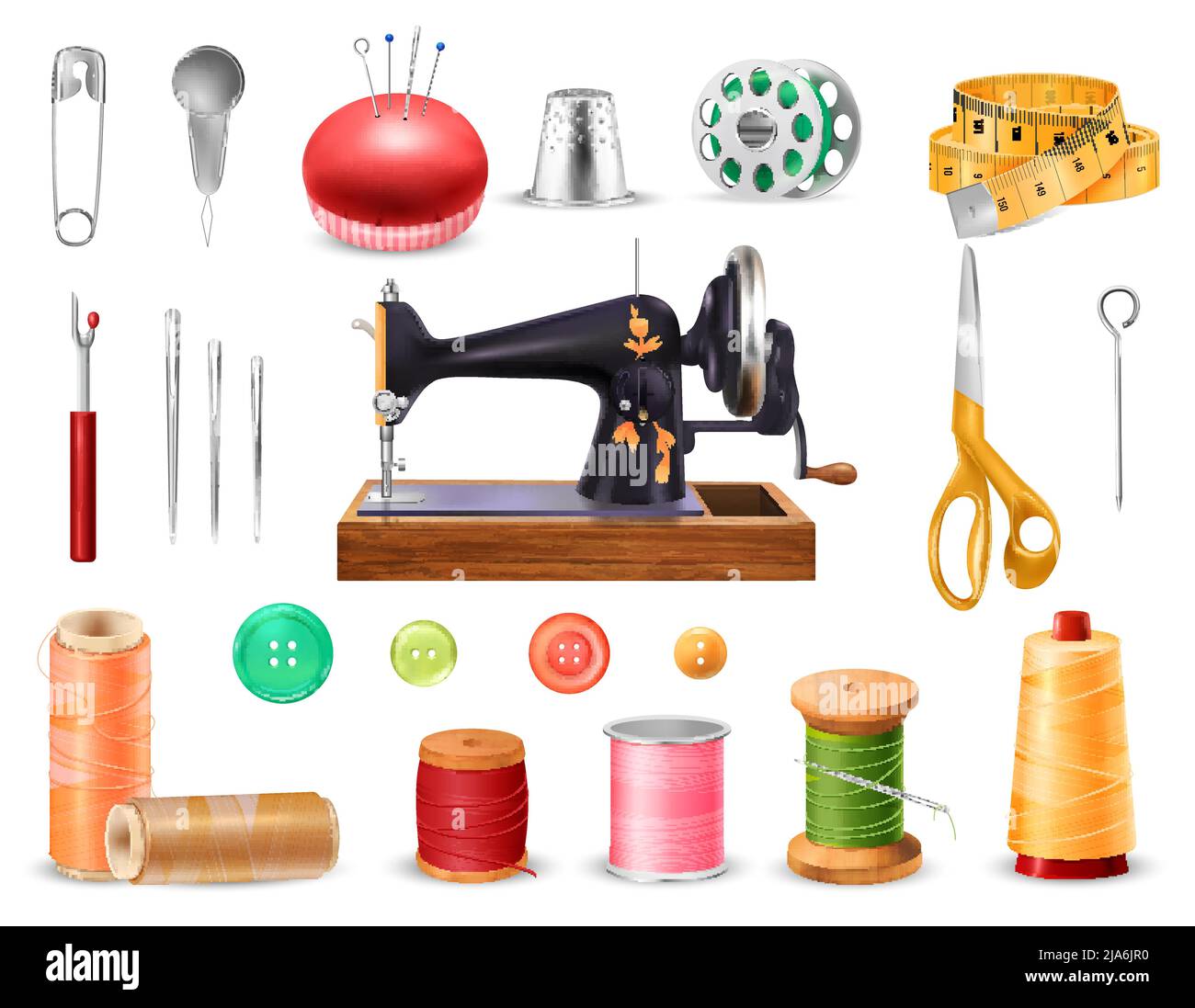 Sewing machine set with needles and scissors realistic isolated vector illustration Stock Vector