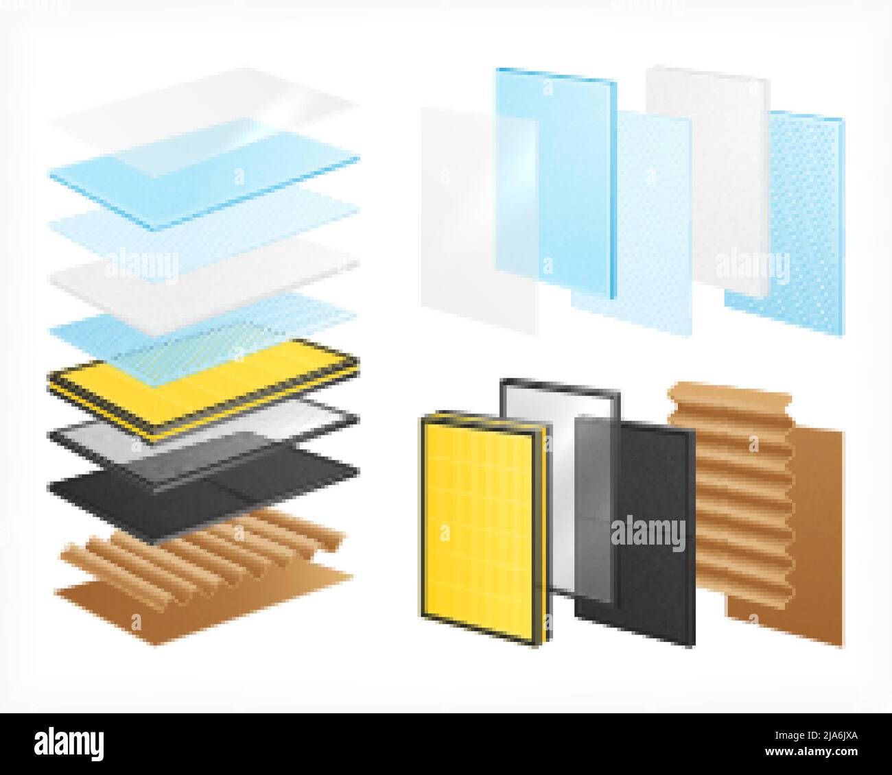 Layered materials realistic set with isolated images of material rows with views of single layers stacks vector illustration Stock Vector