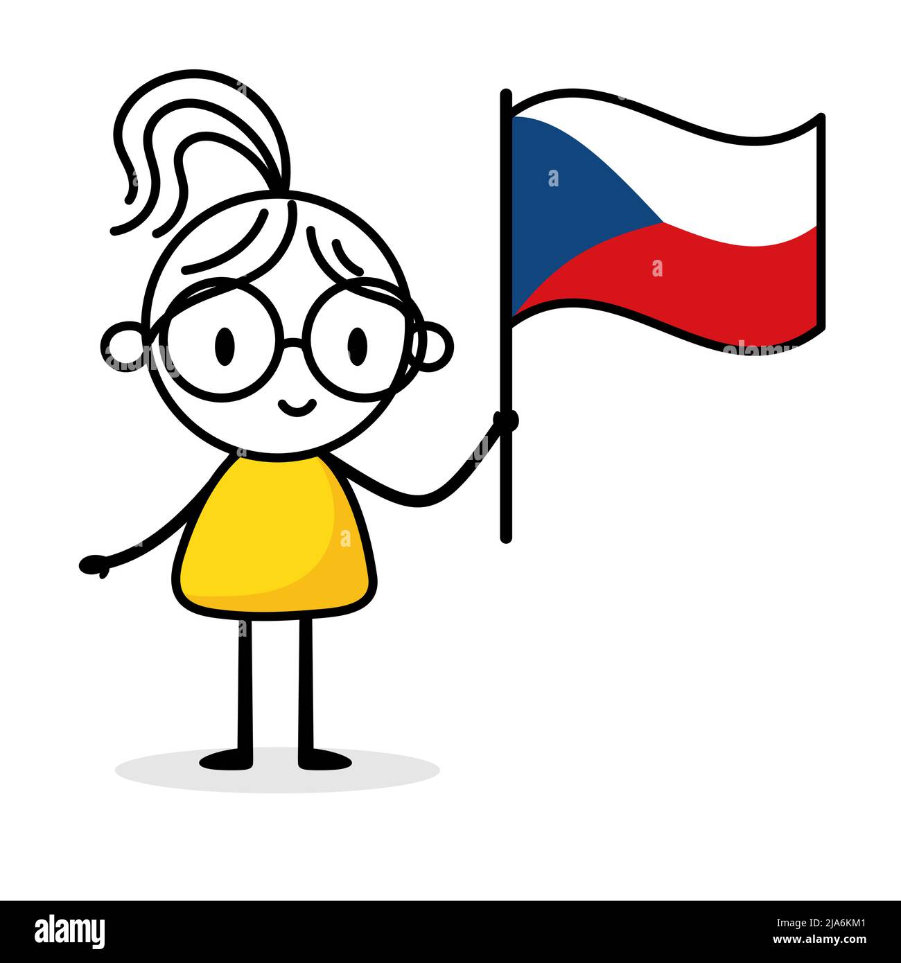 Woman holding flag of Czech Republic isolated on white background. Hand drawn doodle line art man. Concept of country. Vector stock illustration. Stock Vector