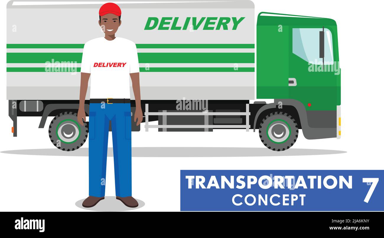 Detailed illustration of delivery truck and african american driver on white background in flat style. Stock Vector