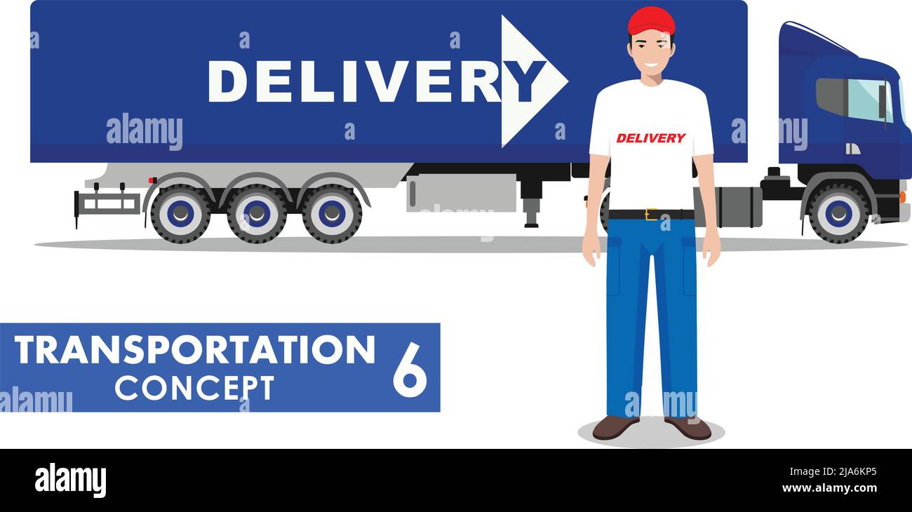 Detailed illustration of delivery truck and driver on white background ...