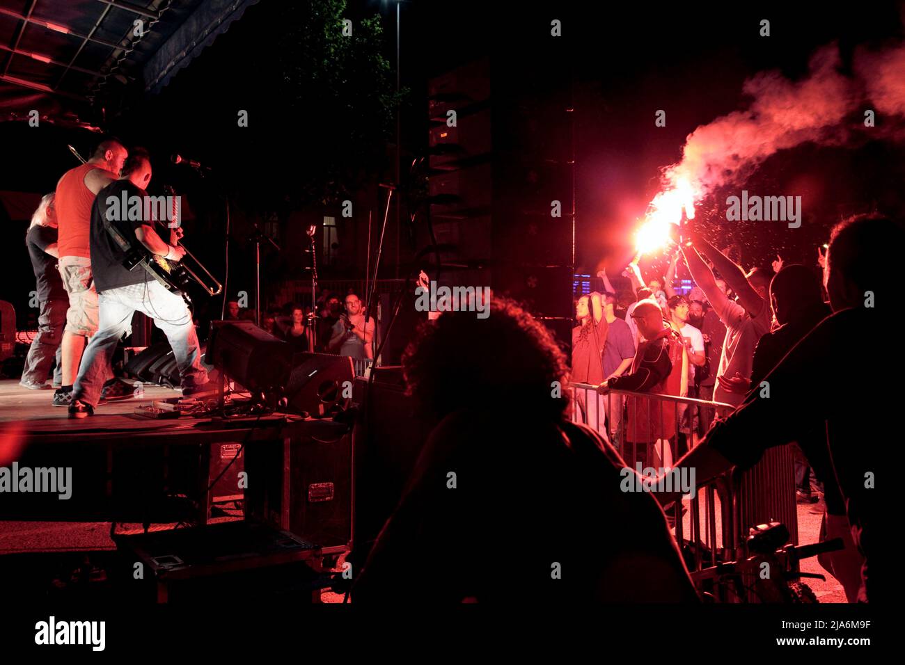 Concert by the group Goulamas'k during the Total Festum Festival and the Fire of St-Jean, Place Max Rouquette, Arceaux district. Montpellier, Occitanie, France Stock Photo