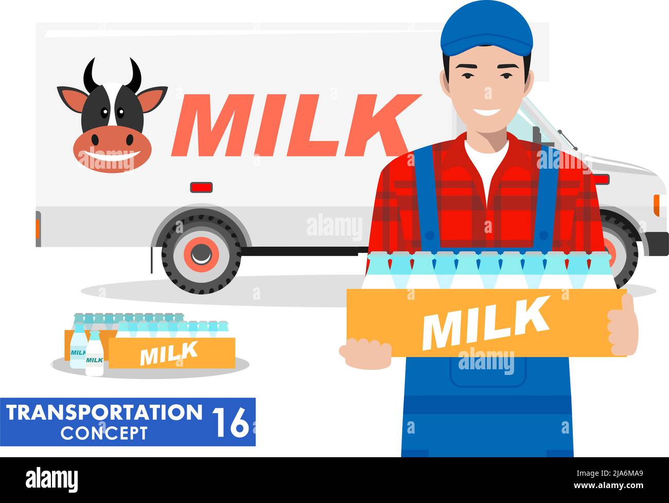 Detailed illustration of driver, farmer and milk truck on white background in flat style. Stock Vector